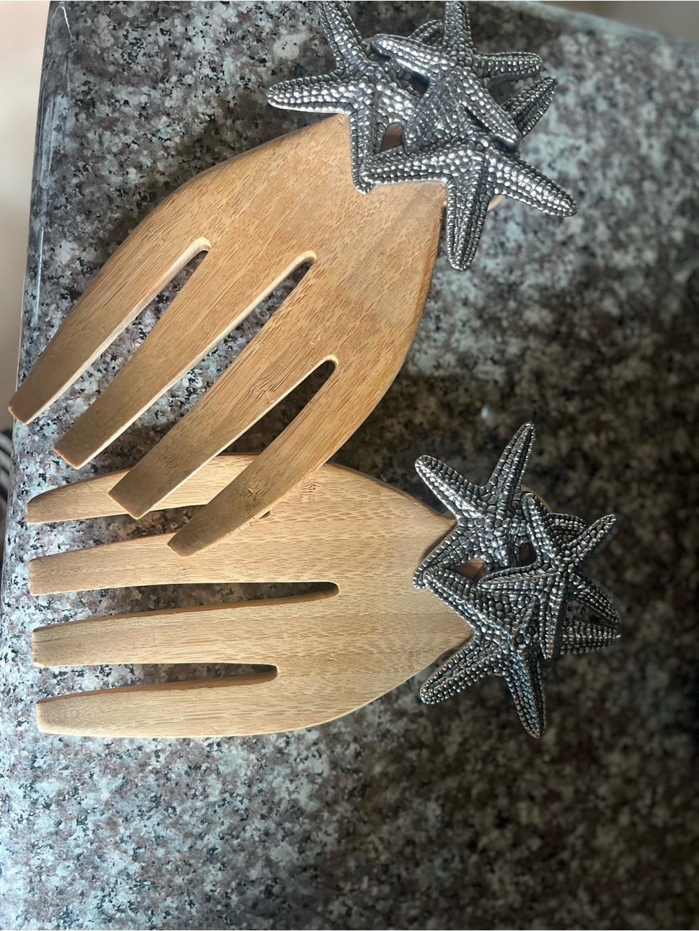 Decorative Wooden Salad serving Hands with Silver Starfish Accents